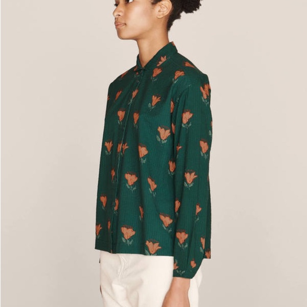 YMC MARIANNE block print floral seersucker green cotton button-down